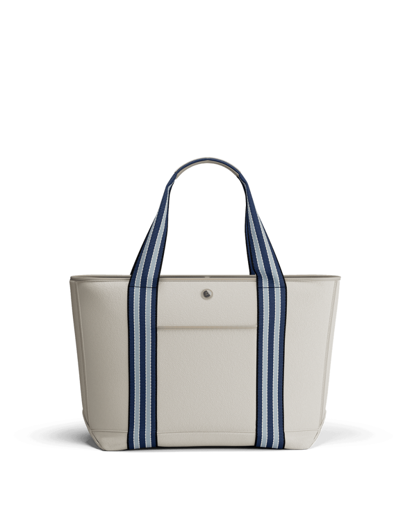 Signature Canvas Tote front, Nantucket Cream Paravel Signature Canvas Tote in Nantucket Cream, front view with navy striped webbing handles