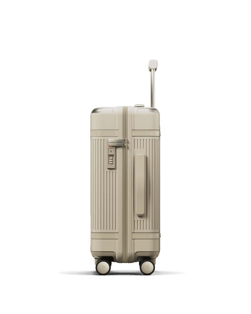 Paravel Aviator Carry-On side view Paravel Aviator Carry-On in Nantucket Cream, side view showing depth and side handle